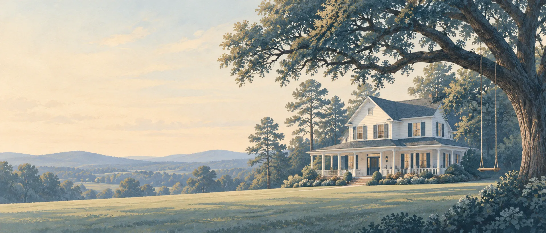 Illustration of a white farmhouse with a wide front porch under a large oak with a rope swing, beside a lawn and rolling hills in late-afternoon light.