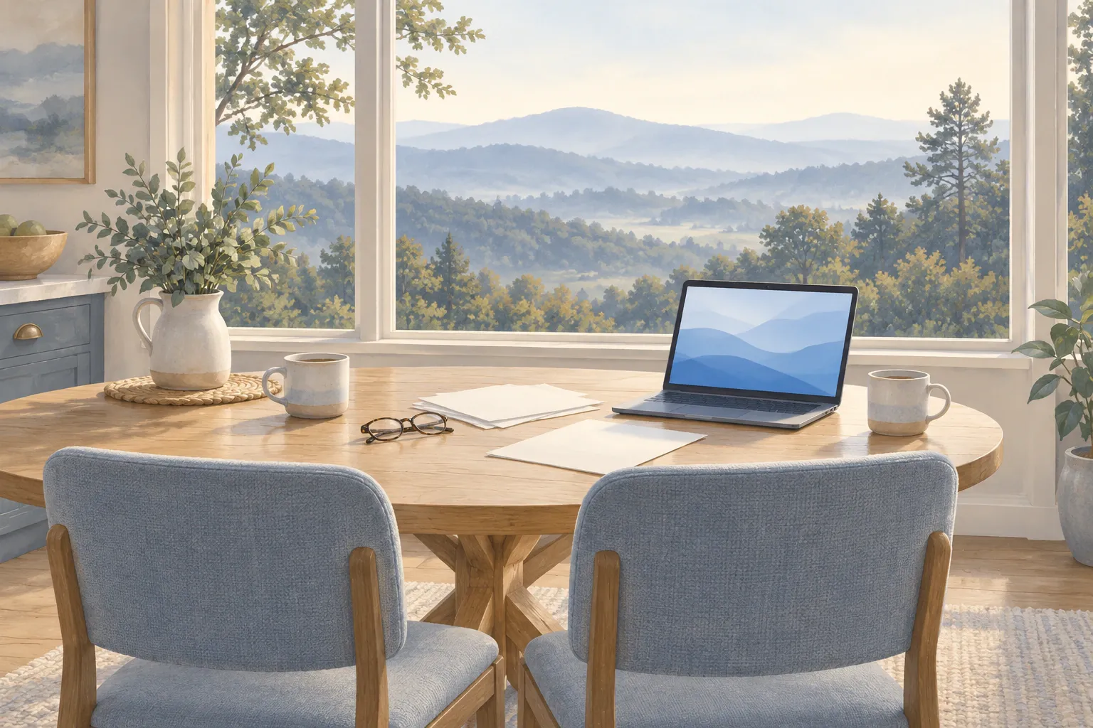 Illustration of two chairs pulled up to a kitchen table with coffee mugs, reading glasses, papers and a laptop, beside a window onto wooded hills.