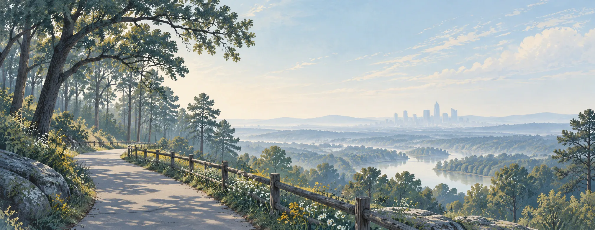 Illustration of a greenway path with a wooden rail curving through oaks and pines above a river valley, with a hazy city skyline in the distance.